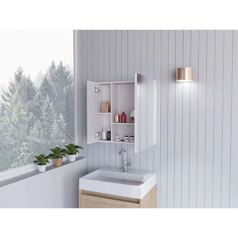 Meuble de salle de bain mural avec miroir, double porte et étagères, Blanc