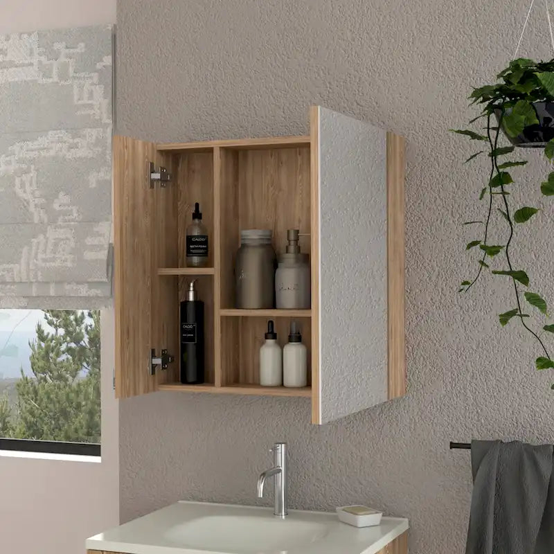 Meuble de salle de bain mural avec miroir, double porte et étagères, Blanc