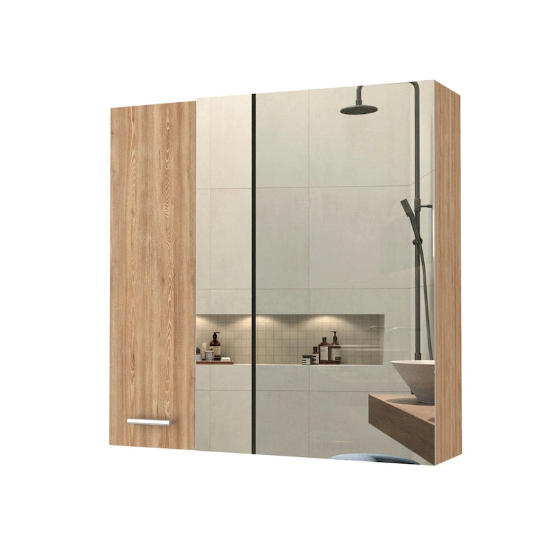 Meuble de salle de bain mural avec miroir, double porte et étagères, Blanc