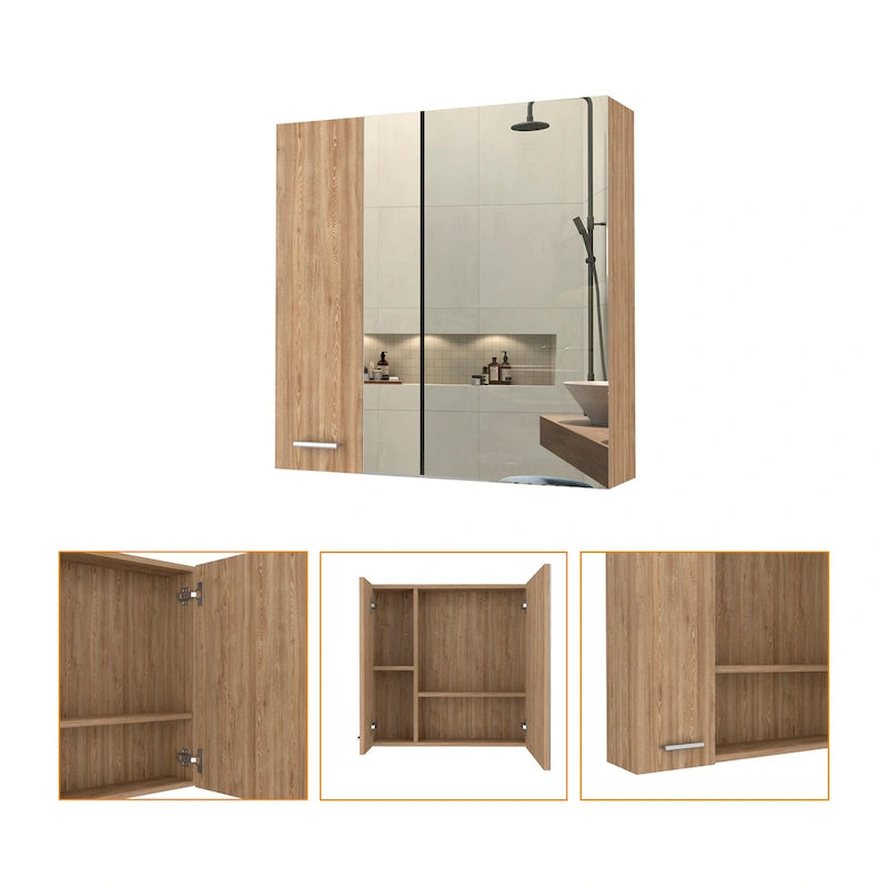 Meuble de salle de bain mural avec miroir, double porte et étagères, Blanc