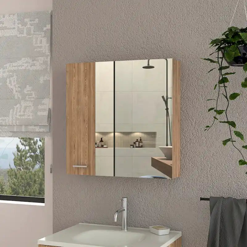 Meuble de salle de bain mural avec miroir, double porte et étagères, Blanc