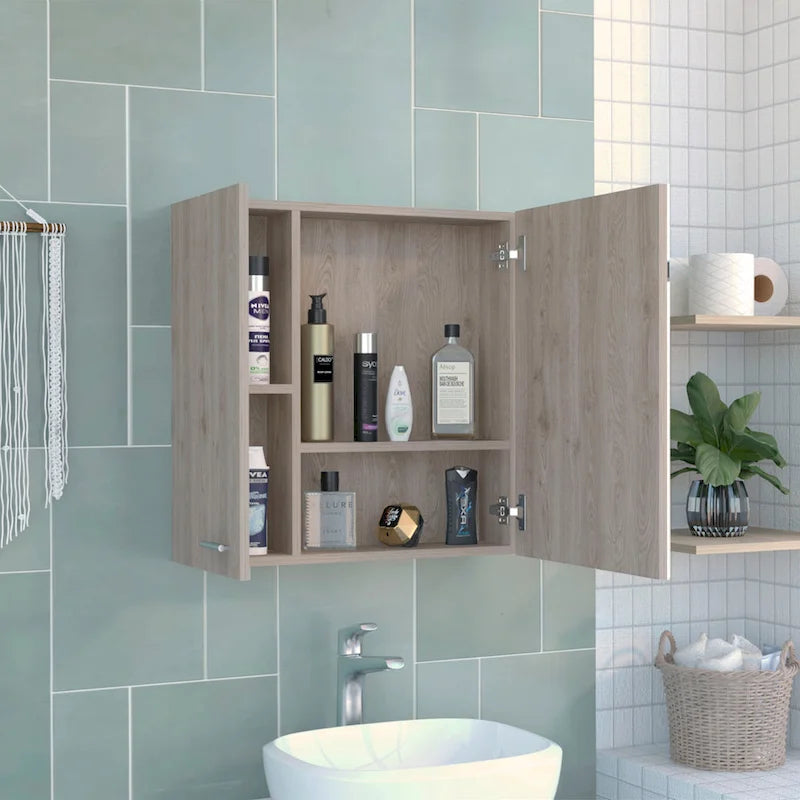 Meuble de salle de bain mural avec miroir, double porte et étagères, Blanc