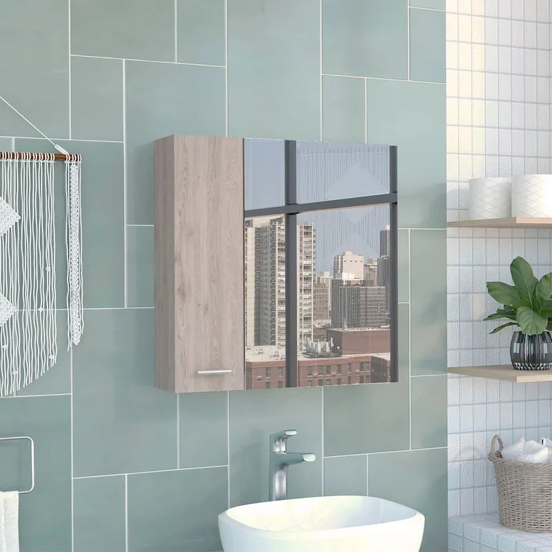 Meuble de salle de bain mural avec miroir, double porte et étagères, Blanc
