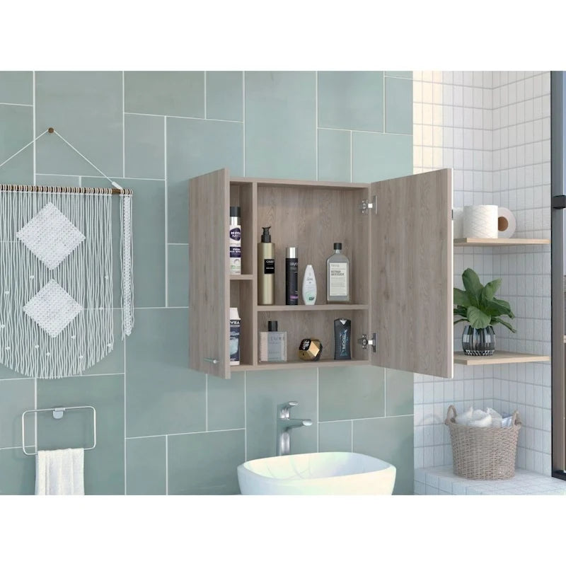 Meuble de salle de bain mural avec miroir, double porte et étagères, Blanc