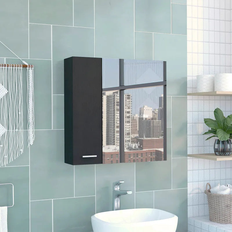 Meuble de salle de bain mural avec miroir, double porte et étagères, Blanc