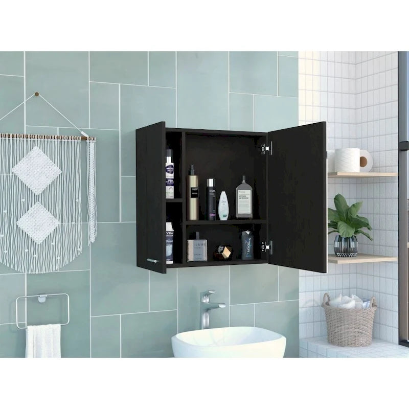 Meuble de salle de bain mural avec miroir, double porte et étagères, Blanc