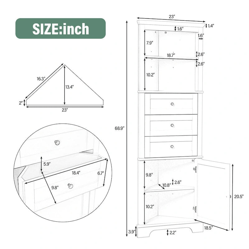 Meuble de Rangement d'Angle Haut avec 3 Tiroirs Étagères Ouvertes et Porte Vert Blanc