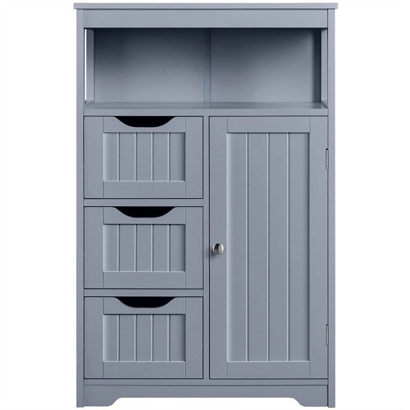 Meuble de salle de bain sur pied avec 3 tiroirs et porte, gris