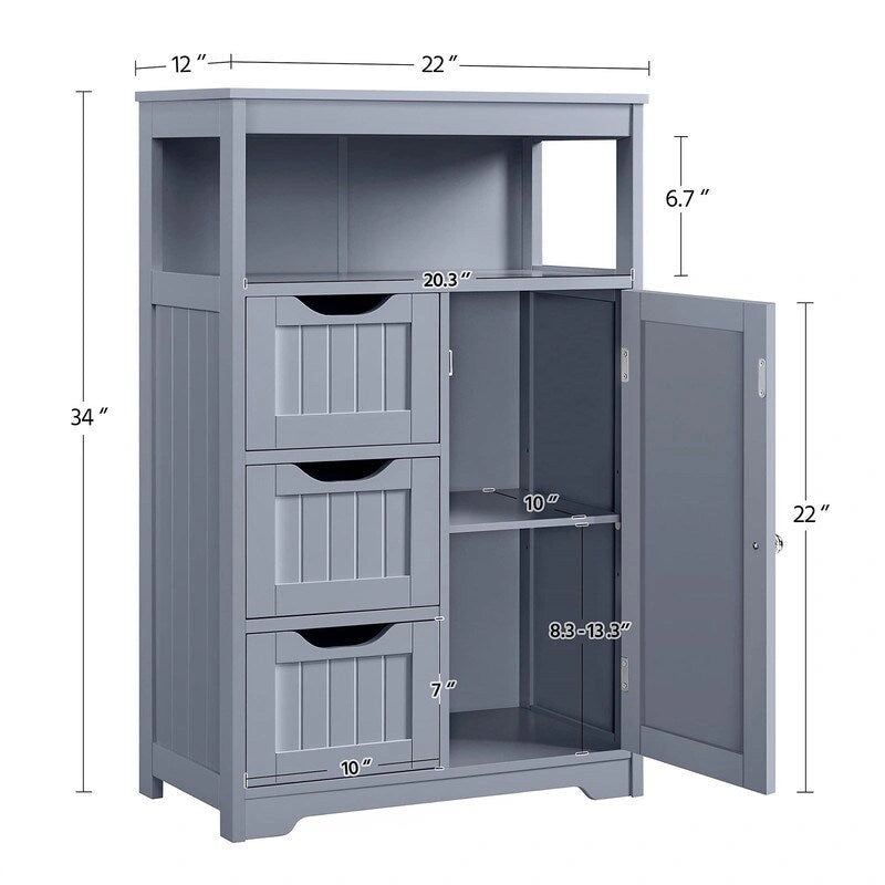 Meuble de salle de bain sur pied avec 3 tiroirs et porte, gris