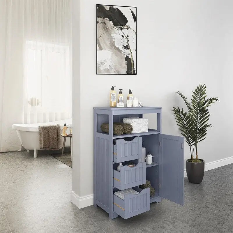 Meuble de salle de bain sur pied avec 3 tiroirs et porte, gris