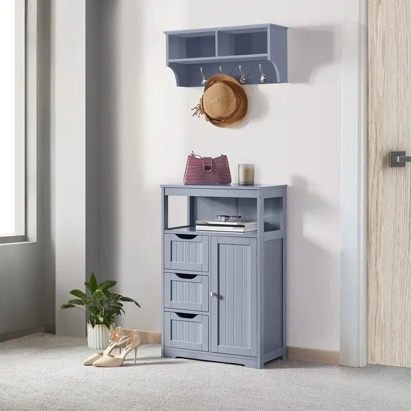 Meuble de salle de bain sur pied avec 3 tiroirs et porte, gris