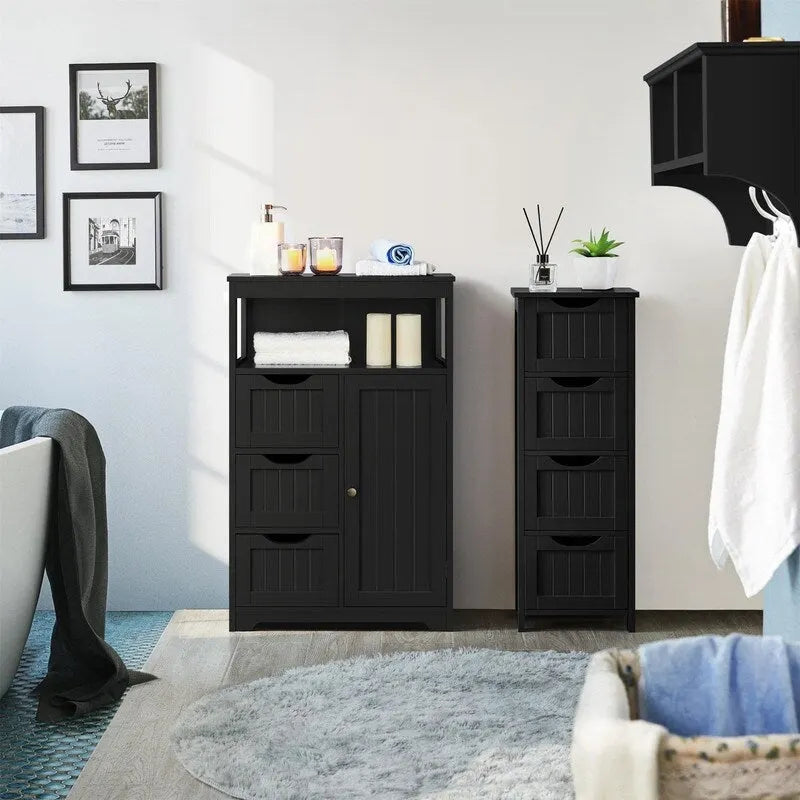 Meuble de salle de bain sur pied avec 3 tiroirs et porte, gris