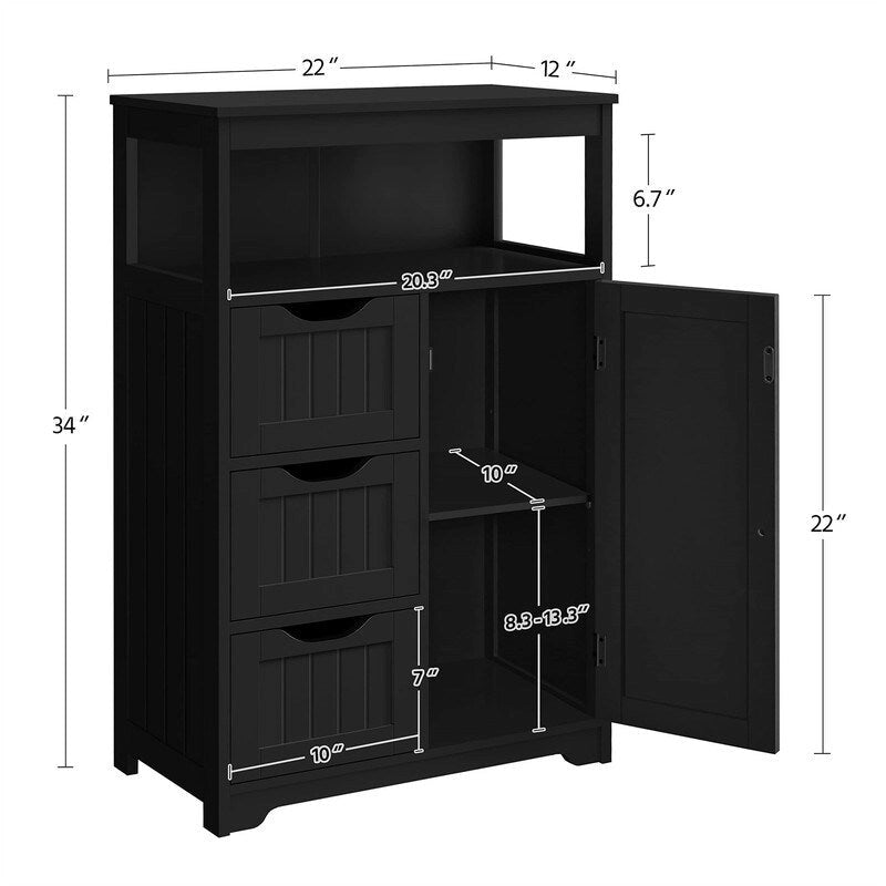 Meuble de salle de bain sur pied avec 3 tiroirs et porte, gris