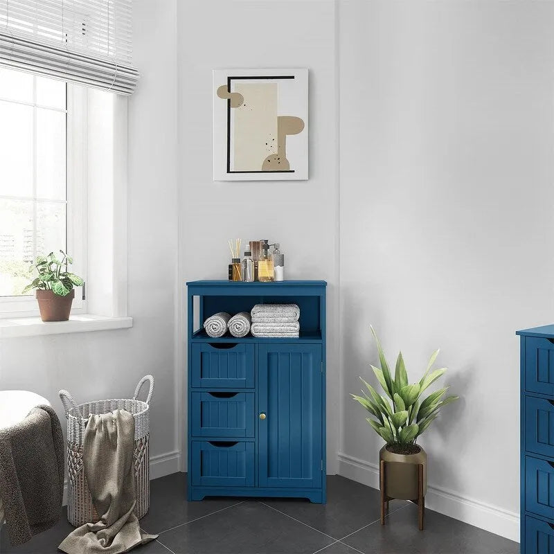 Meuble de salle de bain sur pied avec 3 tiroirs et porte, gris