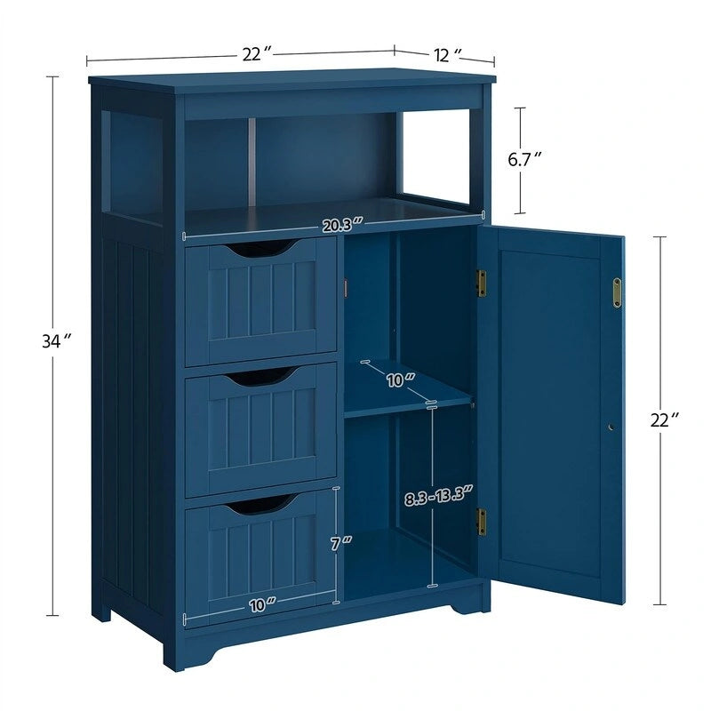 Meuble de salle de bain sur pied avec 3 tiroirs et porte, gris