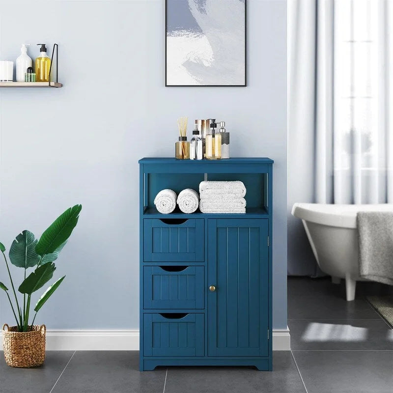 Meuble de salle de bain sur pied avec 3 tiroirs et porte, gris