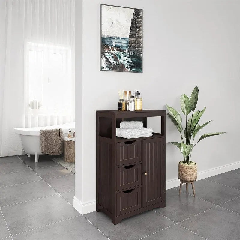 Meuble de salle de bain sur pied avec 3 tiroirs et porte, gris
