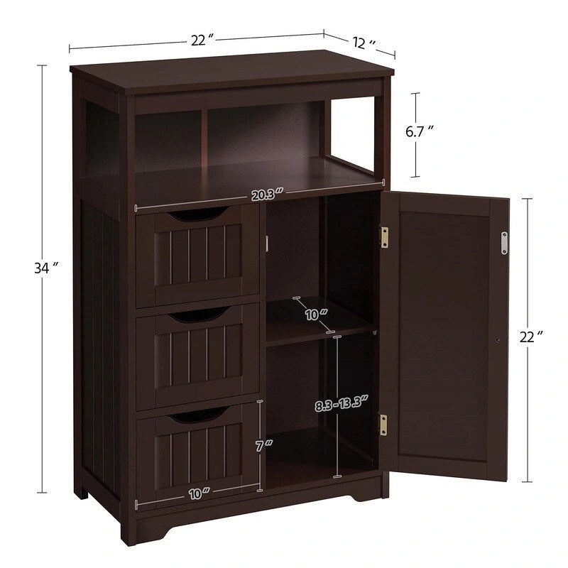 Meuble de salle de bain sur pied avec 3 tiroirs et porte, gris