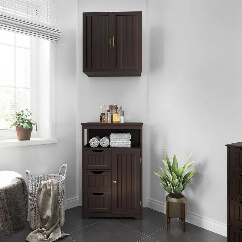 Meuble de salle de bain sur pied avec 3 tiroirs et porte, gris