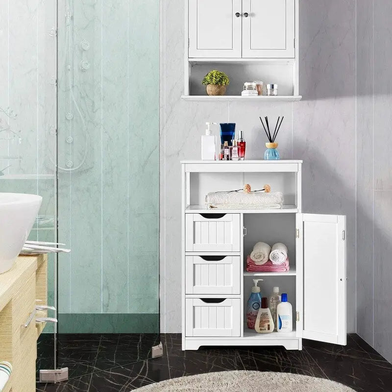 Meuble de salle de bain sur pied avec 3 tiroirs et porte, gris