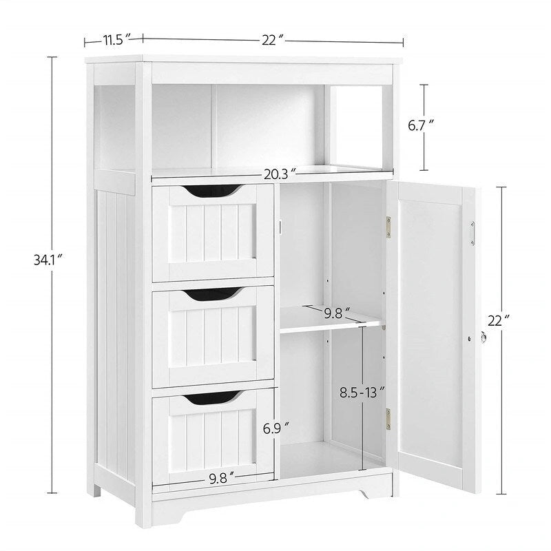 Meuble de salle de bain sur pied avec 3 tiroirs et porte, gris