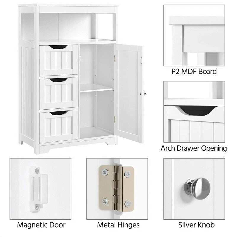 Meuble de salle de bain sur pied avec 3 tiroirs et porte, gris