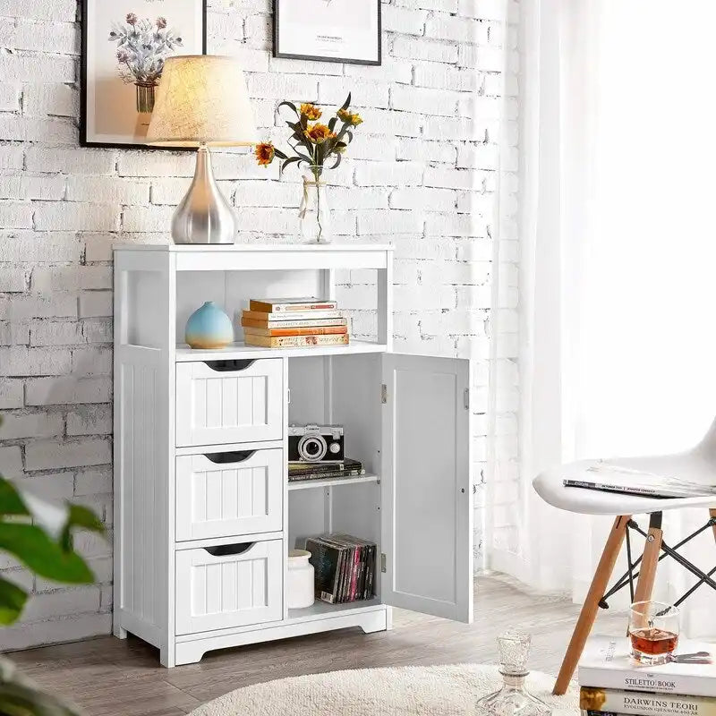 Meuble de salle de bain sur pied avec 3 tiroirs et porte, gris