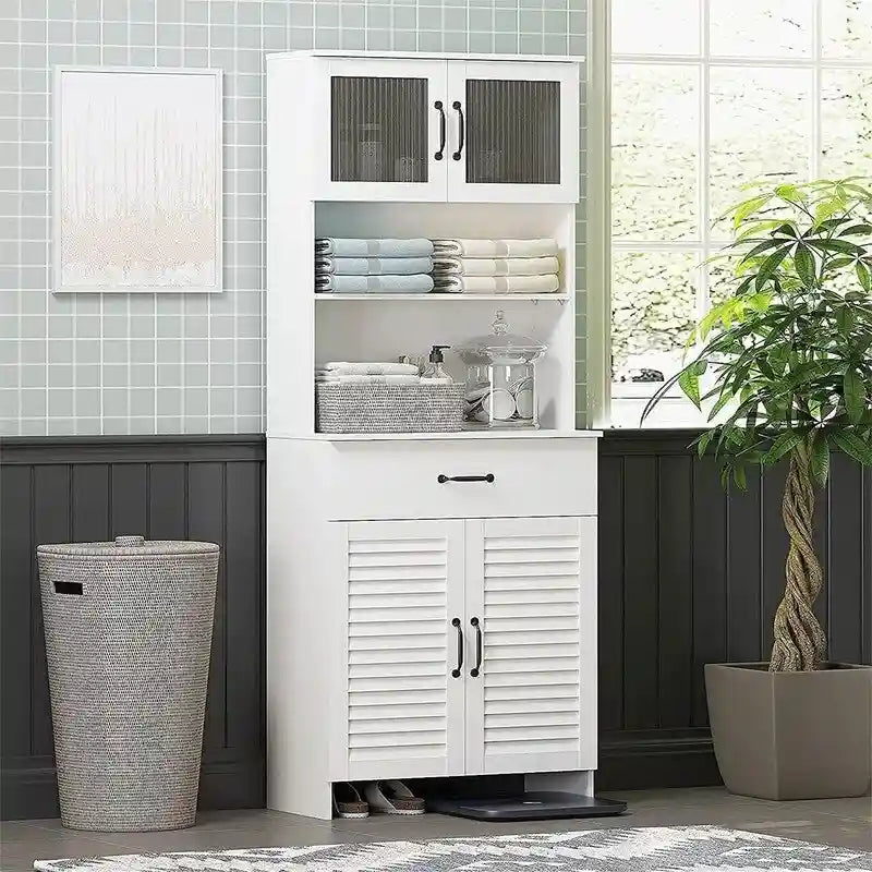 Meuble de rangement haut de salle de bain blanc avec porte vitrée à persiennes, tiroir et étagère