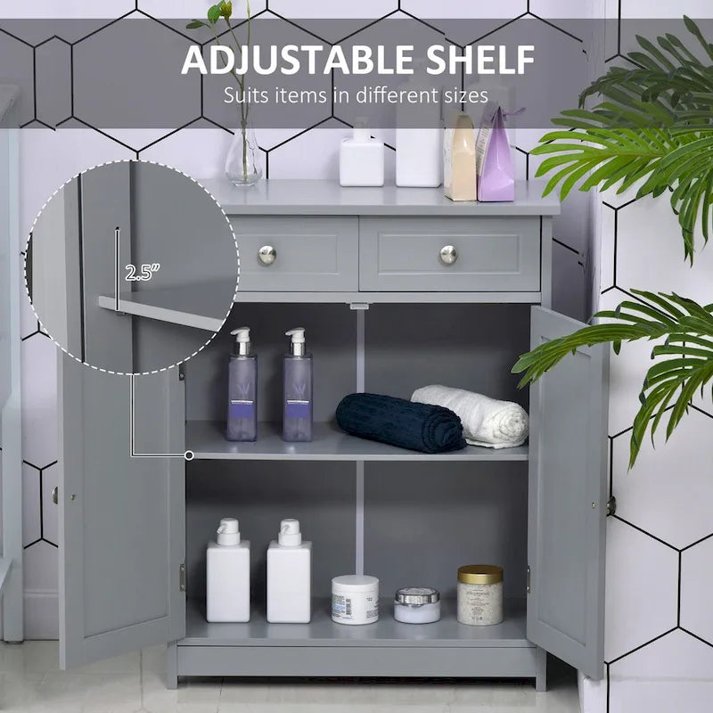 Meuble bas de salle de bain gris sur pied avec portes, tiroirs et étagère réglable