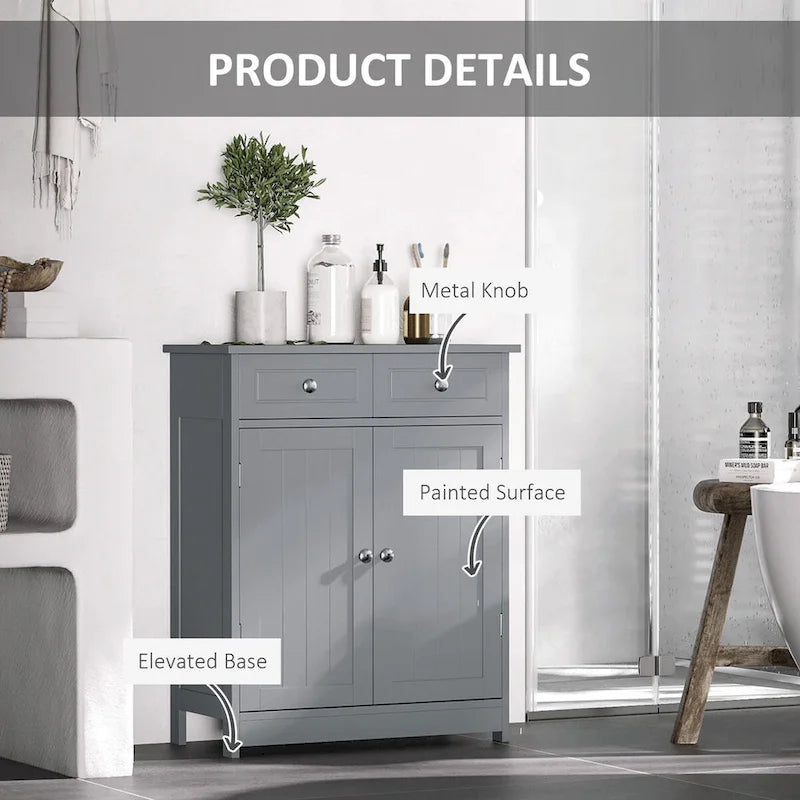 Meuble bas de salle de bain gris sur pied avec portes, tiroirs et étagère réglable