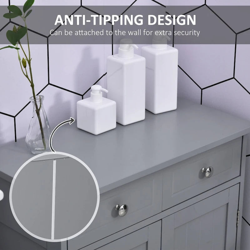 Meuble bas de salle de bain gris sur pied avec portes, tiroirs et étagère réglable
