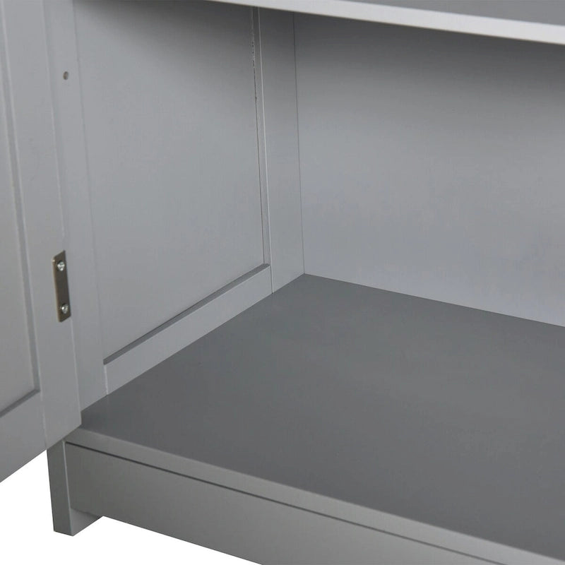 Meuble bas de salle de bain gris sur pied avec portes, tiroirs et étagère réglable