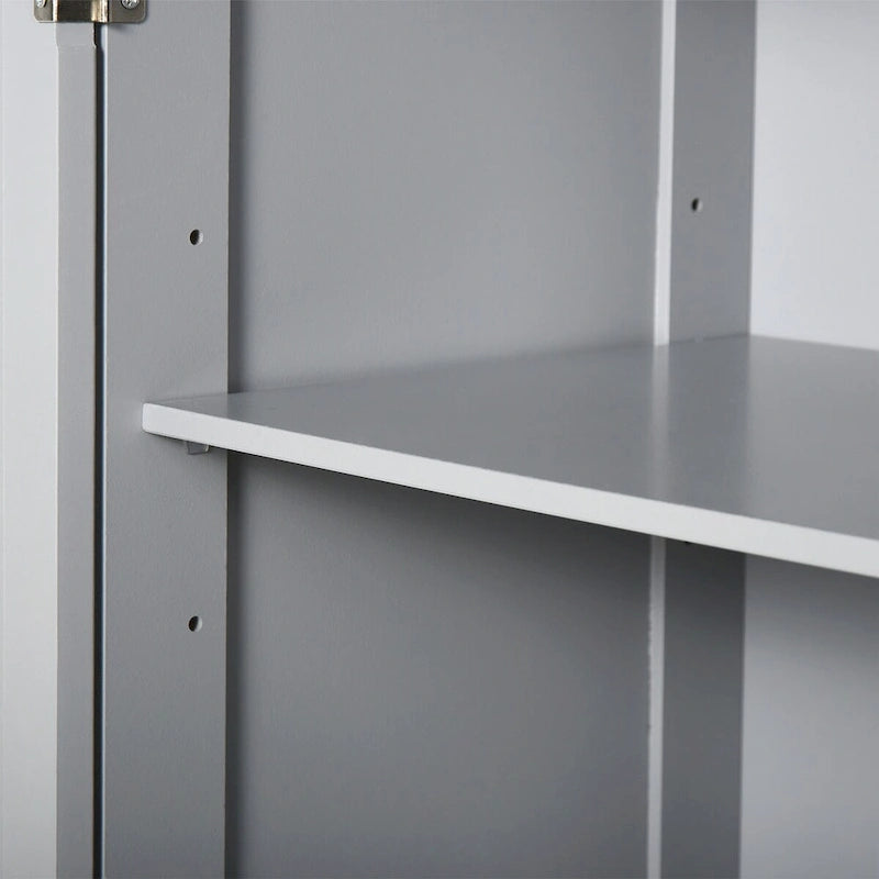 Meuble bas de salle de bain gris sur pied avec portes, tiroirs et étagère réglable