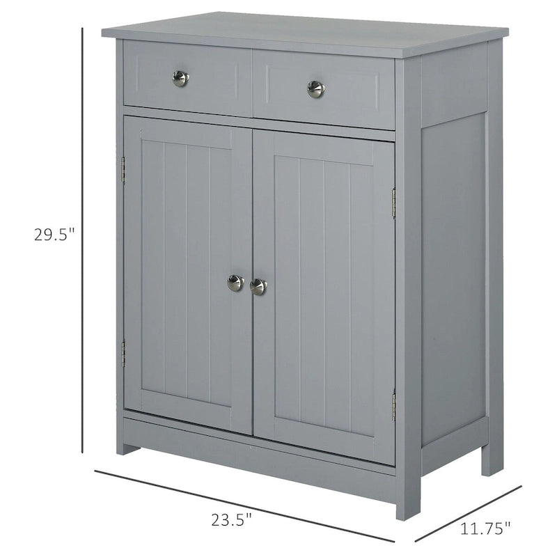 Meuble bas de salle de bain gris sur pied avec portes, tiroirs et étagère réglable