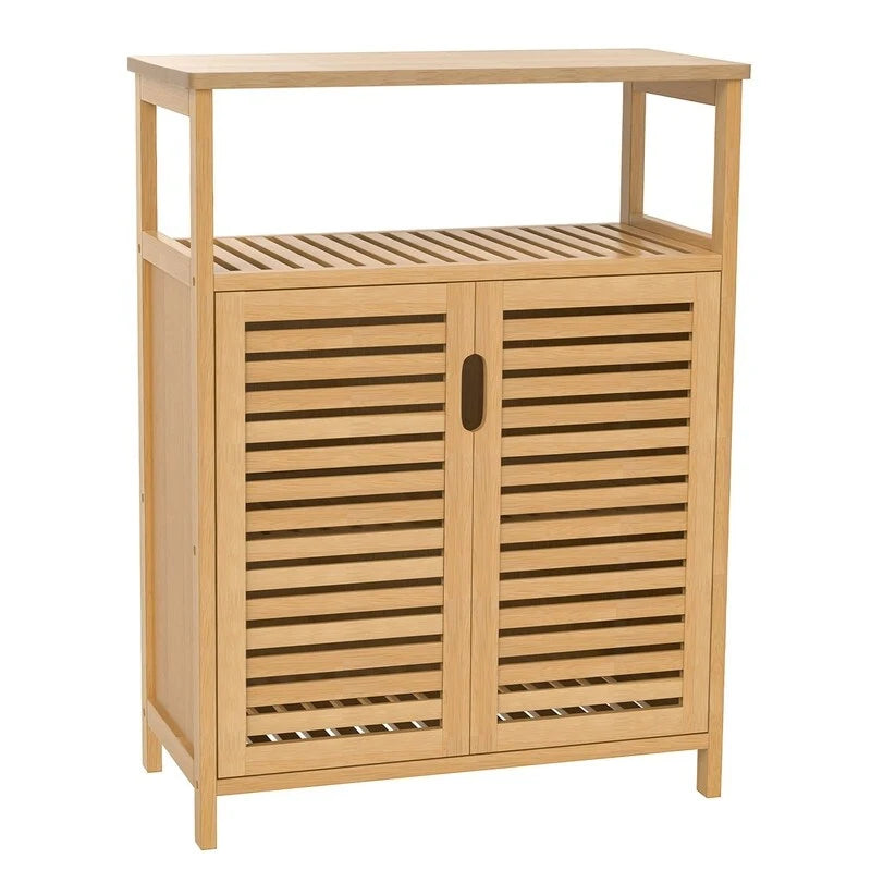 Meuble bas double porte en bambou naturel avec étagère ouverte, finition bois