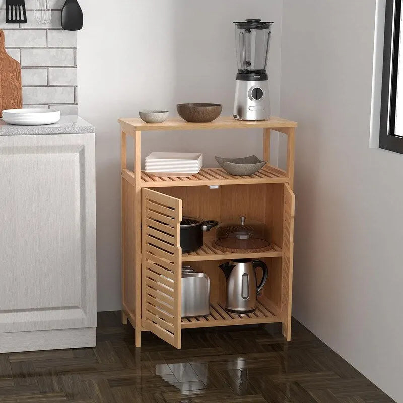 Meuble bas double porte en bambou naturel avec étagère ouverte, finition bois