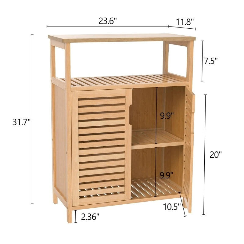 Meuble bas double porte en bambou naturel avec étagère ouverte, finition bois