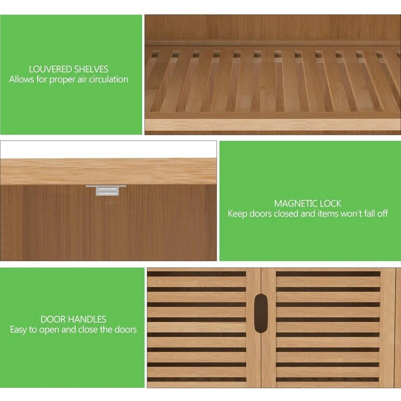 Meuble bas double porte en bambou naturel avec étagère ouverte, finition bois