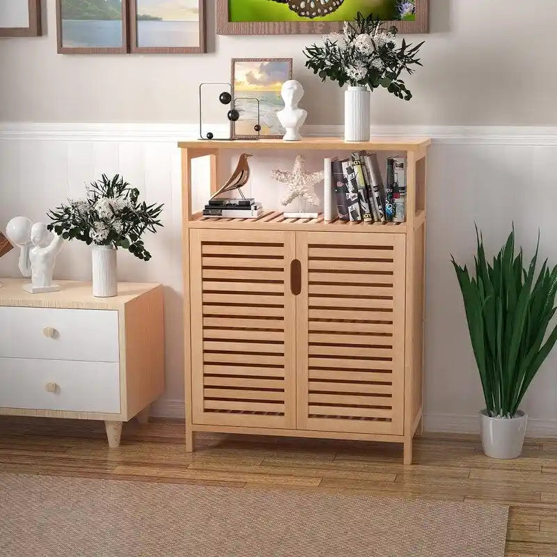 Meuble bas double porte en bambou naturel avec étagère ouverte, finition bois