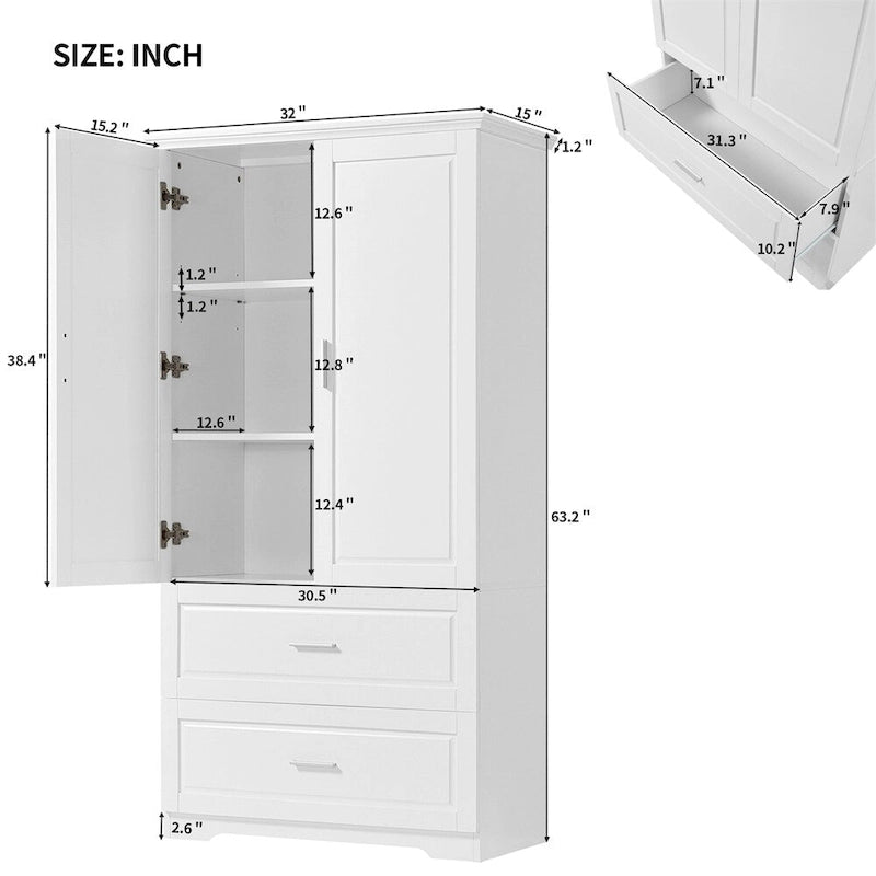 Armoire haute de rangement blanche avec deux portes et deux tiroirs