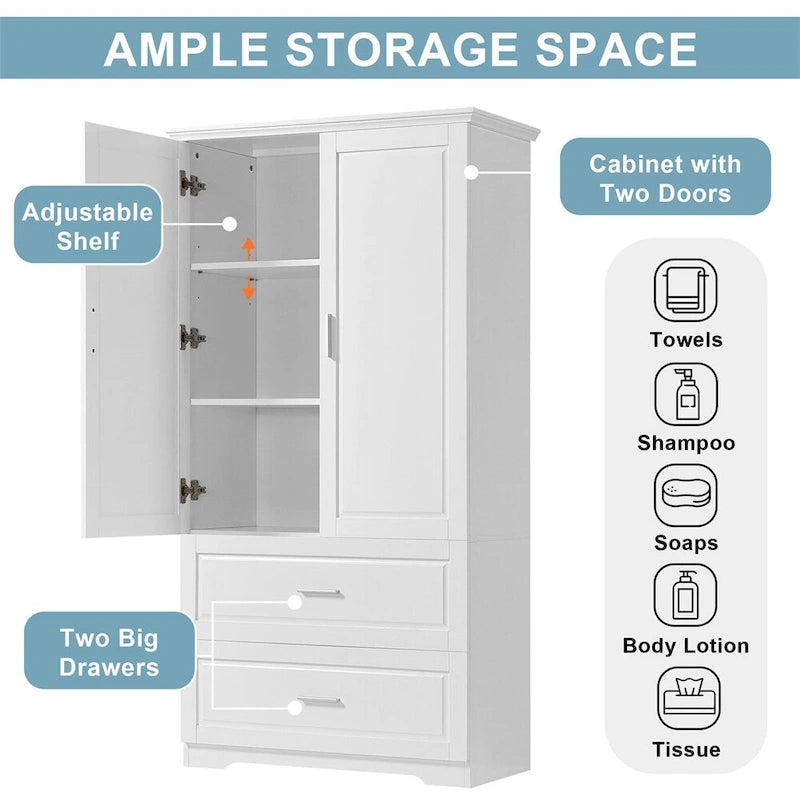 Armoire haute de rangement blanche avec deux portes et deux tiroirs