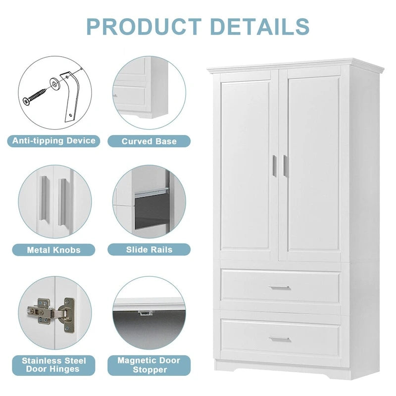 Armoire haute de rangement blanche avec deux portes et deux tiroirs