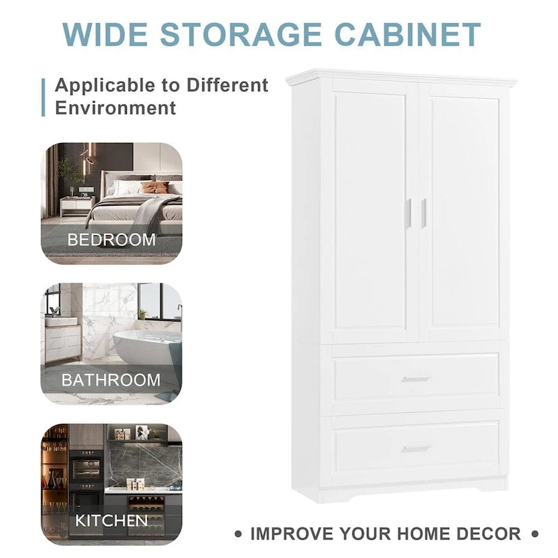Armoire haute de rangement blanche avec deux portes et deux tiroirs