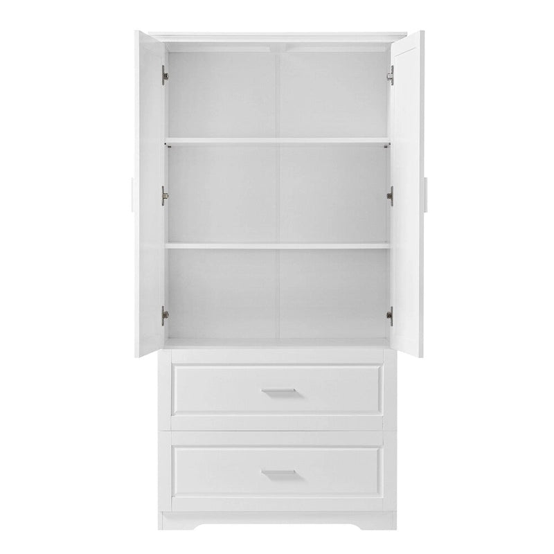 Armoire haute de rangement blanche avec deux portes et deux tiroirs