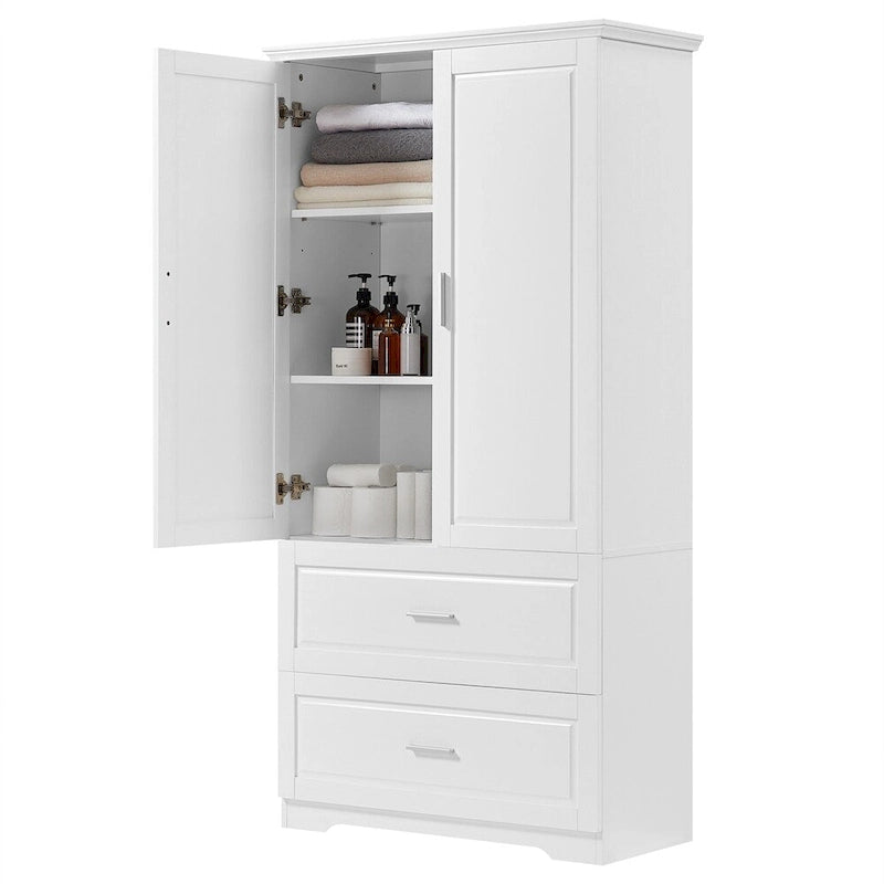 Armoire haute de rangement blanche avec deux portes et deux tiroirs