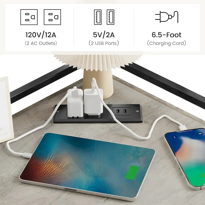 Étagère d'angle industrielle grise avec ports USB et prises de courant