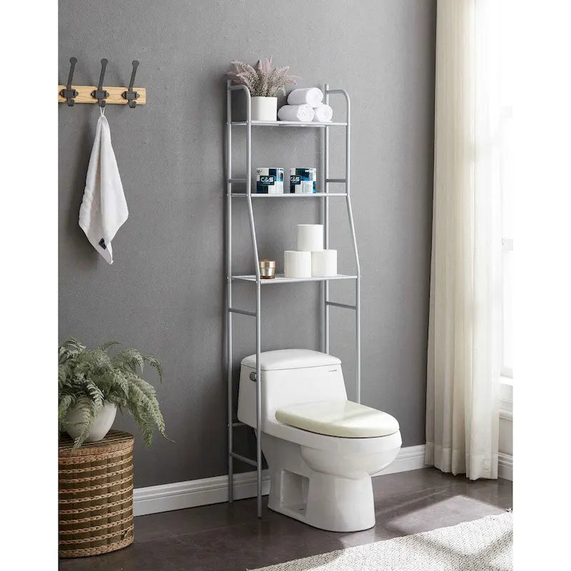 Étagère de rangement en métal à 3 niveaux pour WC, blanc argenté