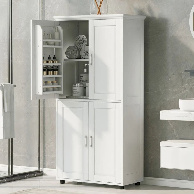 Meuble de rangement de salle de bain autoportant blanc à 4 portes avec étagères réglables