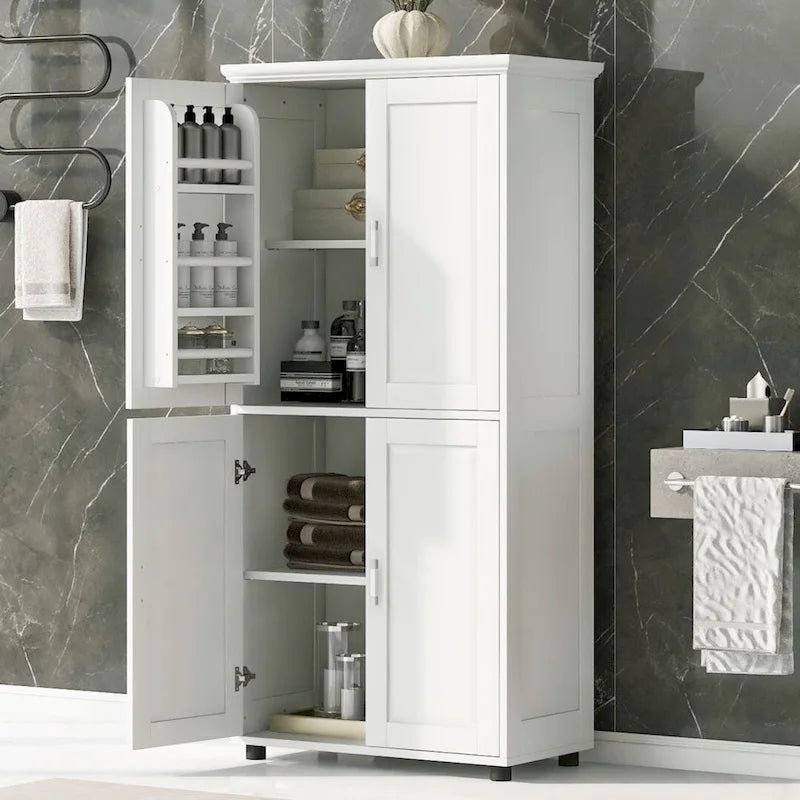 Meuble de rangement de salle de bain autoportant blanc à 4 portes avec étagères réglables