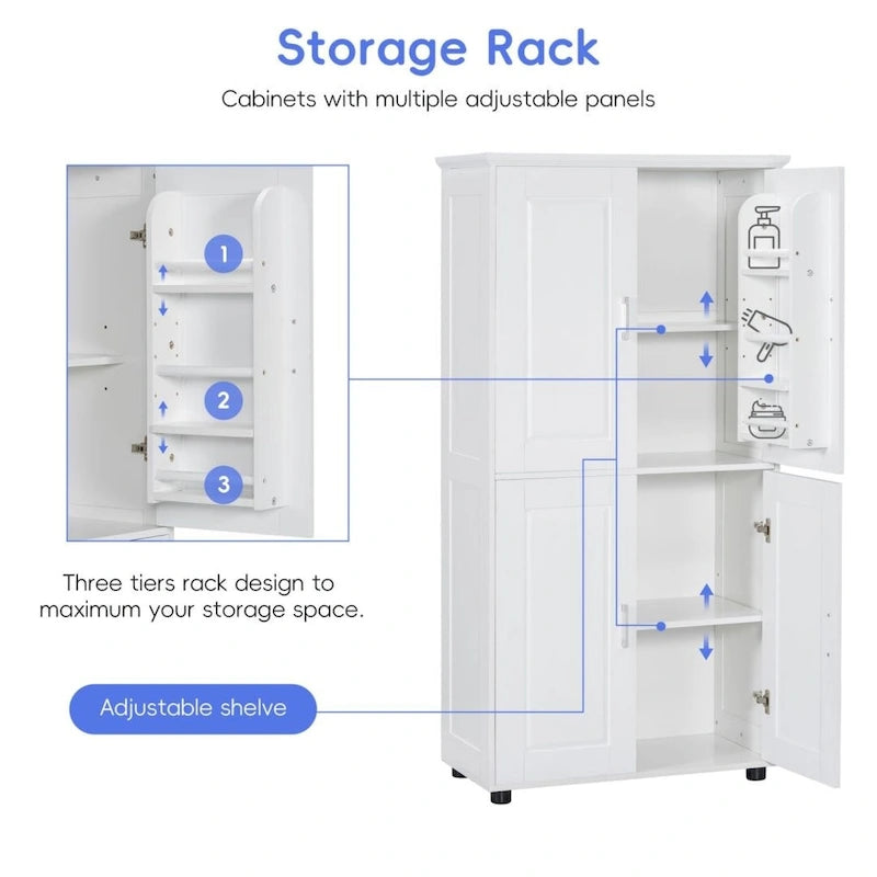 Meuble de rangement de salle de bain autoportant blanc à 4 portes avec étagères réglables